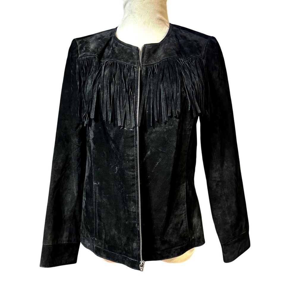 Denim & Co Jacket Womens Small Black Leather Suede Fringe Western Zip Up Coat